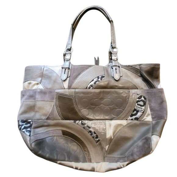 Coach Tote Bag Pewter Grey Large Ocelot Patchwork Mixed Media Leather Canvas - Picture 1 of 9